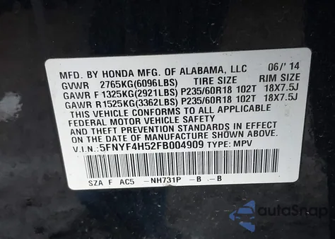 2015 Honda Pilot Ex-L z USA, uszkodzony, nr VIN 5FNYF4H52FB004909